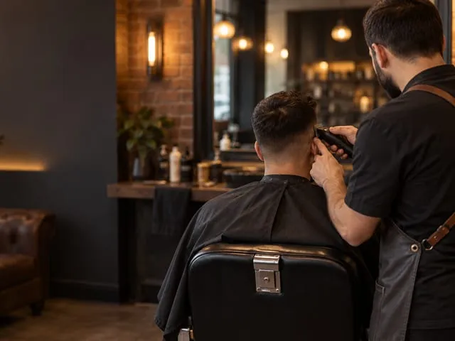 A barber trimming the side of a client's head with clippers, seen from behind, in a barbershop with brick walls and warm lamps