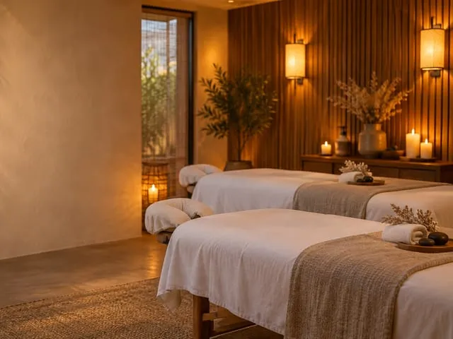 A prepared couples massage room with two tables, folded towels and candles in low warm light