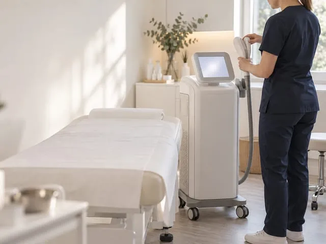 A specialist in a navy uniform adjusting an aesthetic device beside an empty treatment couch in a bright clinic room
