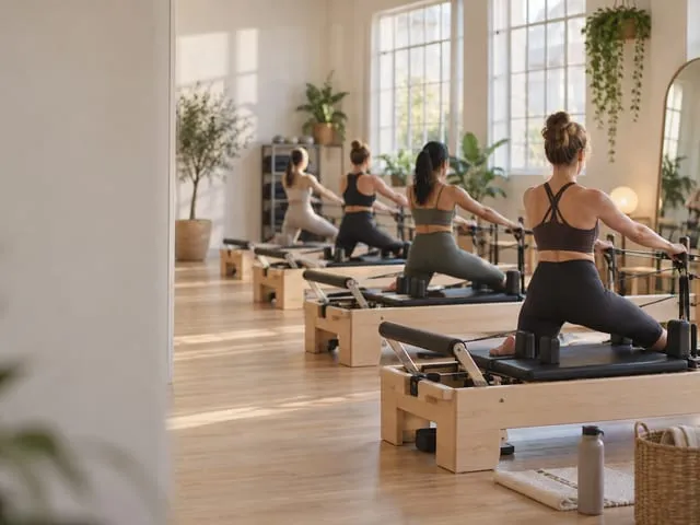 A reformer pilates class in progress in a bright studio with large windows, participants seen from behind