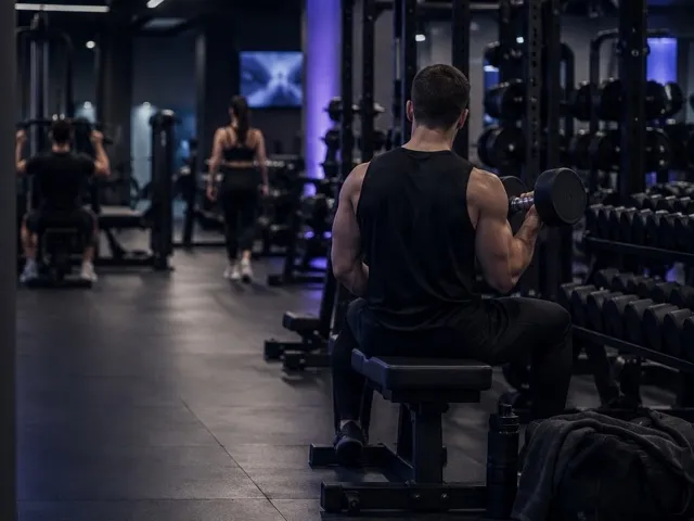 An evening gym floor: people training, seen from behind.